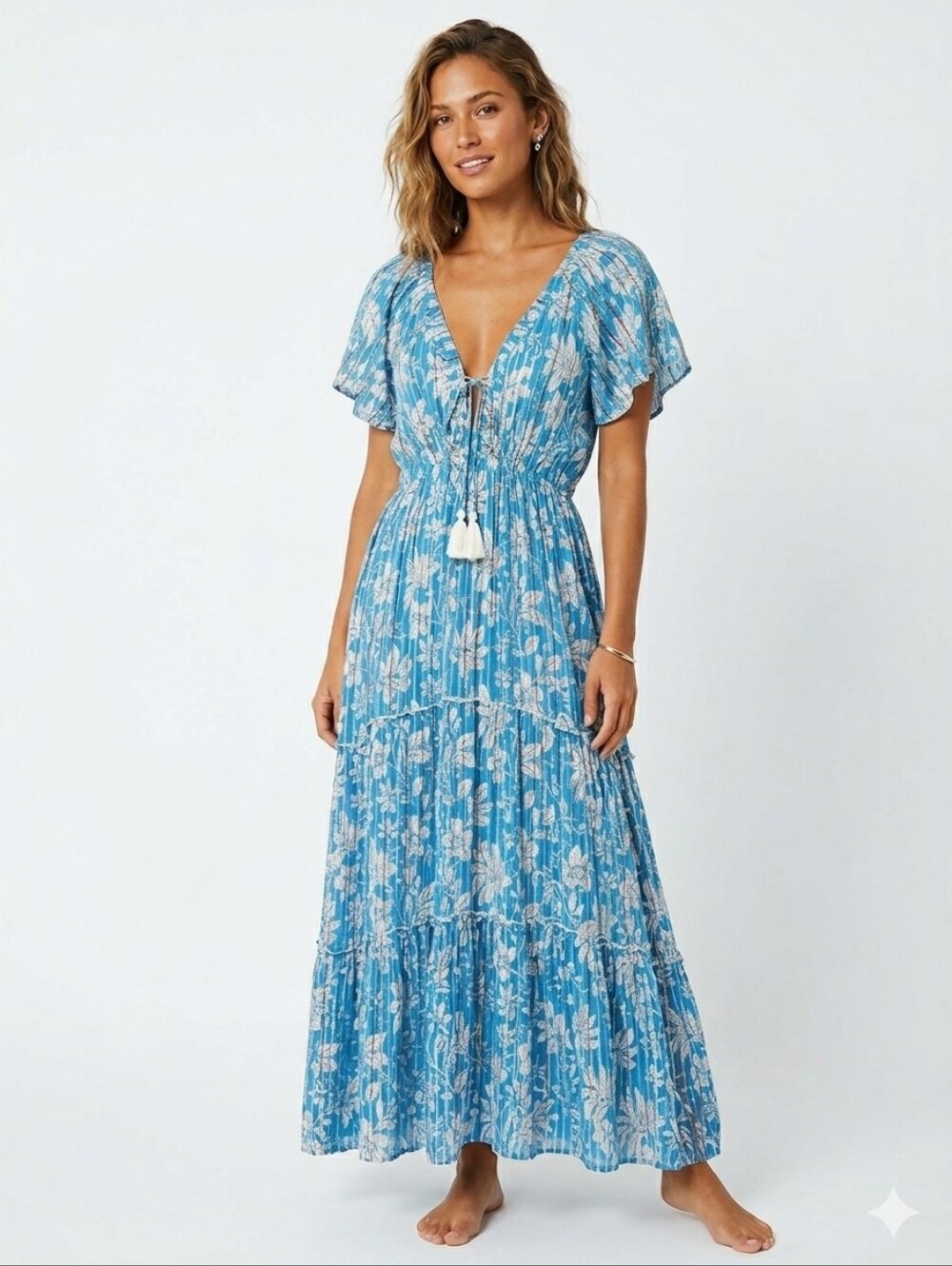 Zury Blue Metallic Stripe Floral Deep V-Neck Boho Tiered Maxi Dress One Size
